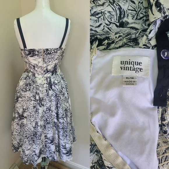 Unique Vinatge Black and White Tropics Swing Cotton Dress - Picture 2 of 2